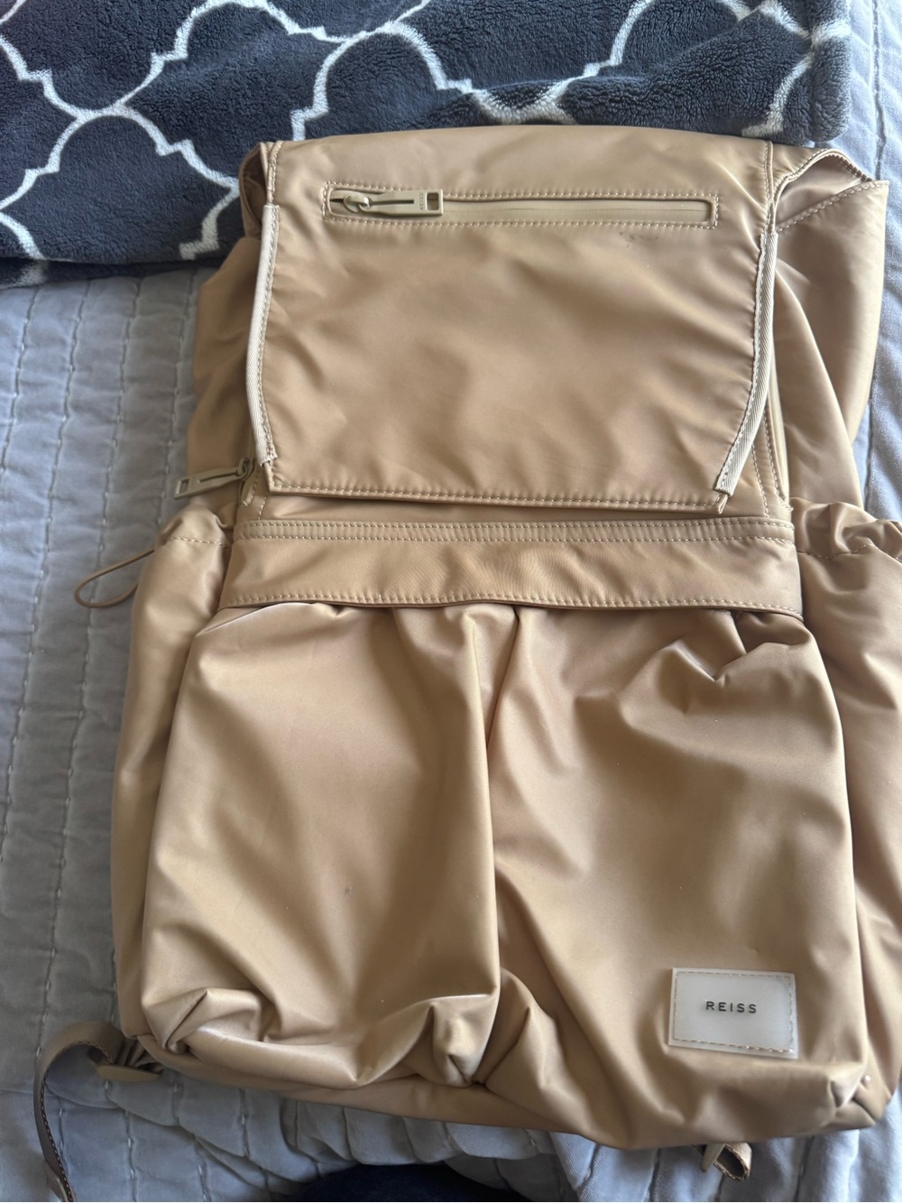 Reiss Beige Roll-Top Backpack with Front Zip Pocket